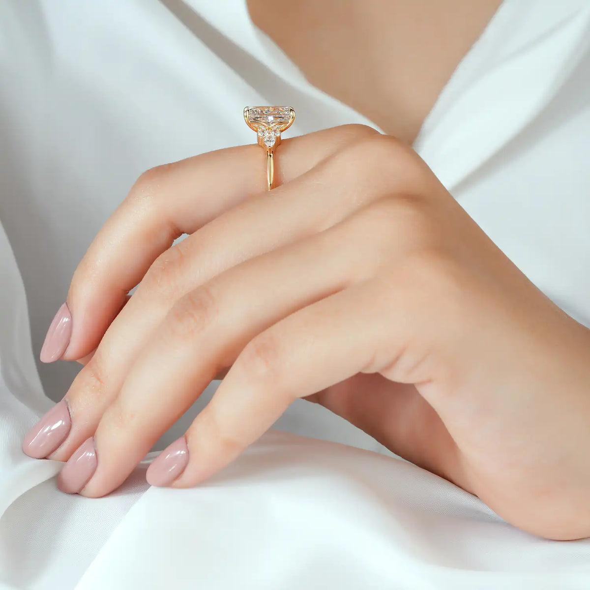 Radiant Cut Lab Grown Diamond Engagement Ring with Pear and Round Diamond Clusters
