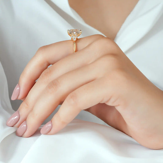 Radiant Cut Lab Grown Diamond Engagement Ring with Pear and Round Diamond Clusters