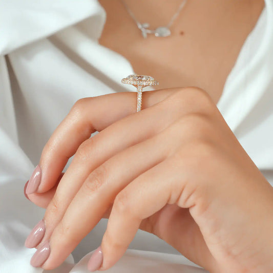Oval Lab Grown Diamond Halo Engagement Ring, Pave Diamond Ring