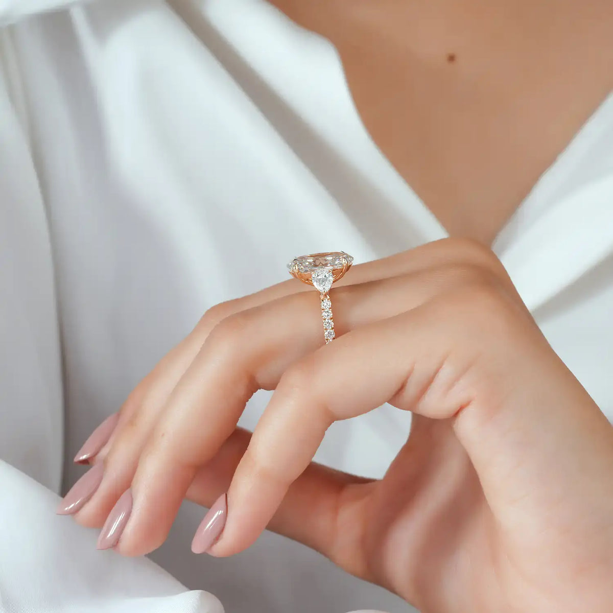 Oval Cut Diamond Ring with Half Moon Side Stones