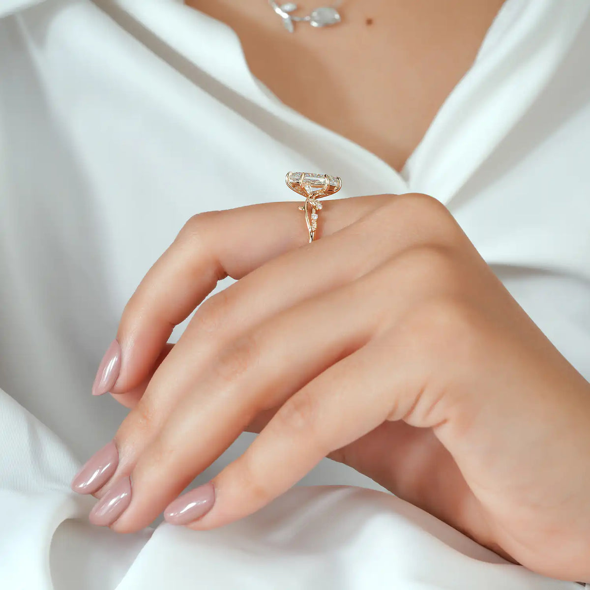 Hexagon Cut Lab Grown Diamond Vine and Leaf Nature Inspired Engagement Ring