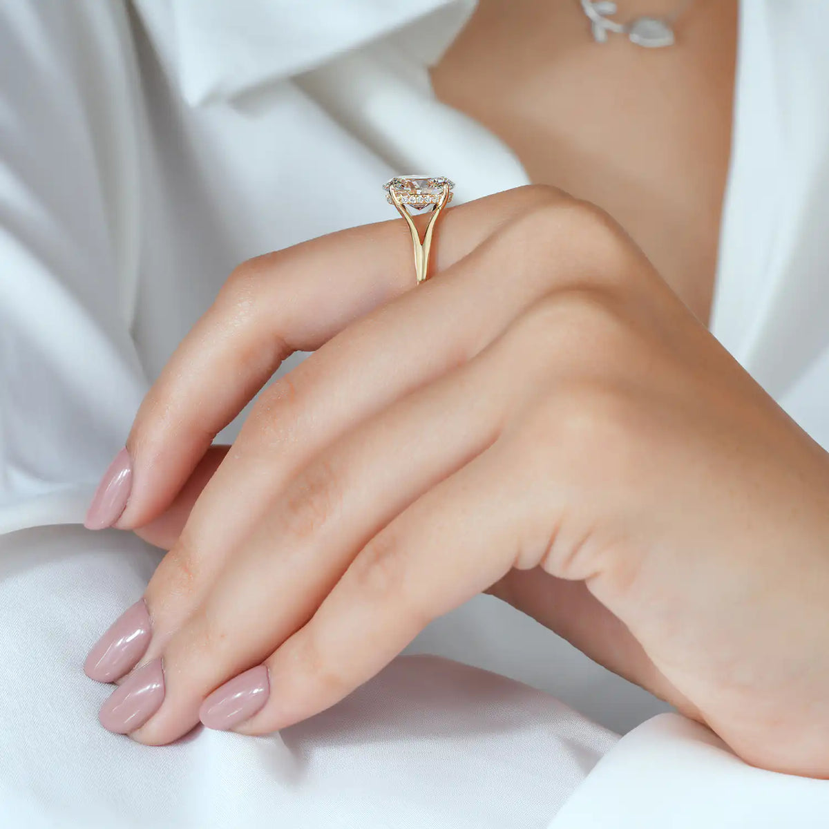 Split Shank Oval Lab Grown Diamond Hidden Halo Engagement Ring