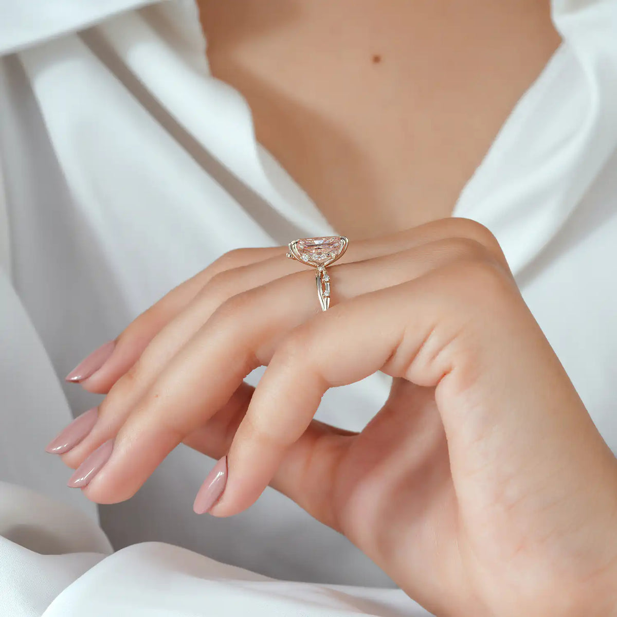 Pink Radiant Cut Twig Ring with Scattered Accents