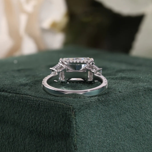 Radiant Cut Lab Grown Diamond Ring with Trapezoid Side Stones and Pave Shank