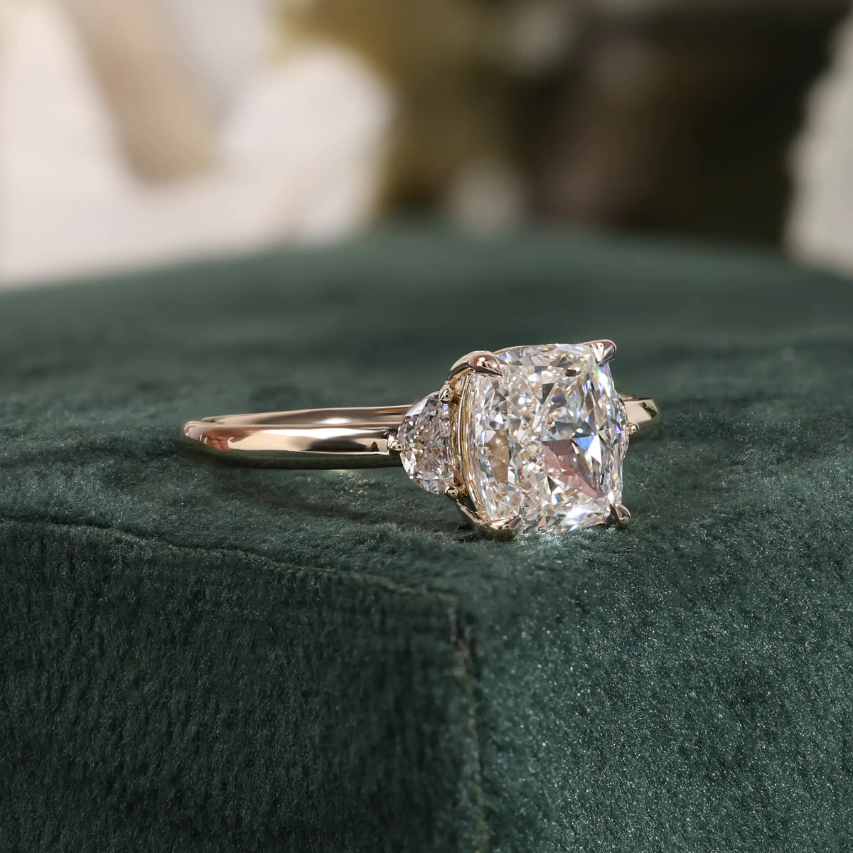 Elongated Cushion Lab Grown Diamond Ring, Half Moon Side Stones, Plain Ring