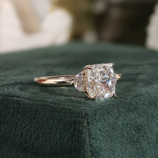 Elongated Cushion Lab Grown Diamond Ring, Half Moon Side Stones, Plain Ring
