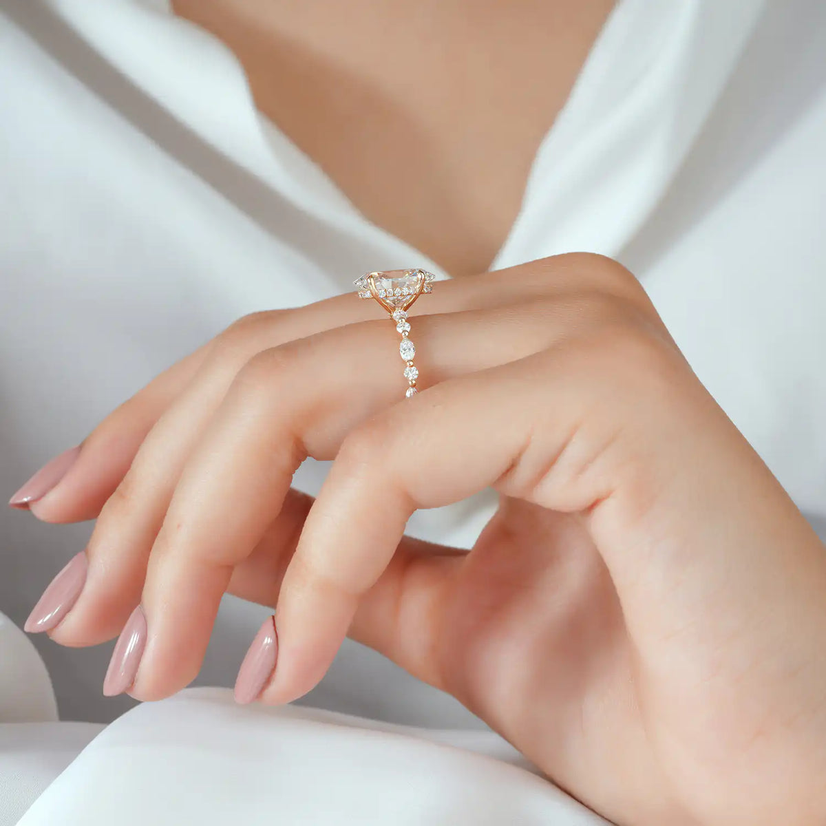 Oval Lab Grown Diamond Hidden Halo Ring with Pear and Round Accents