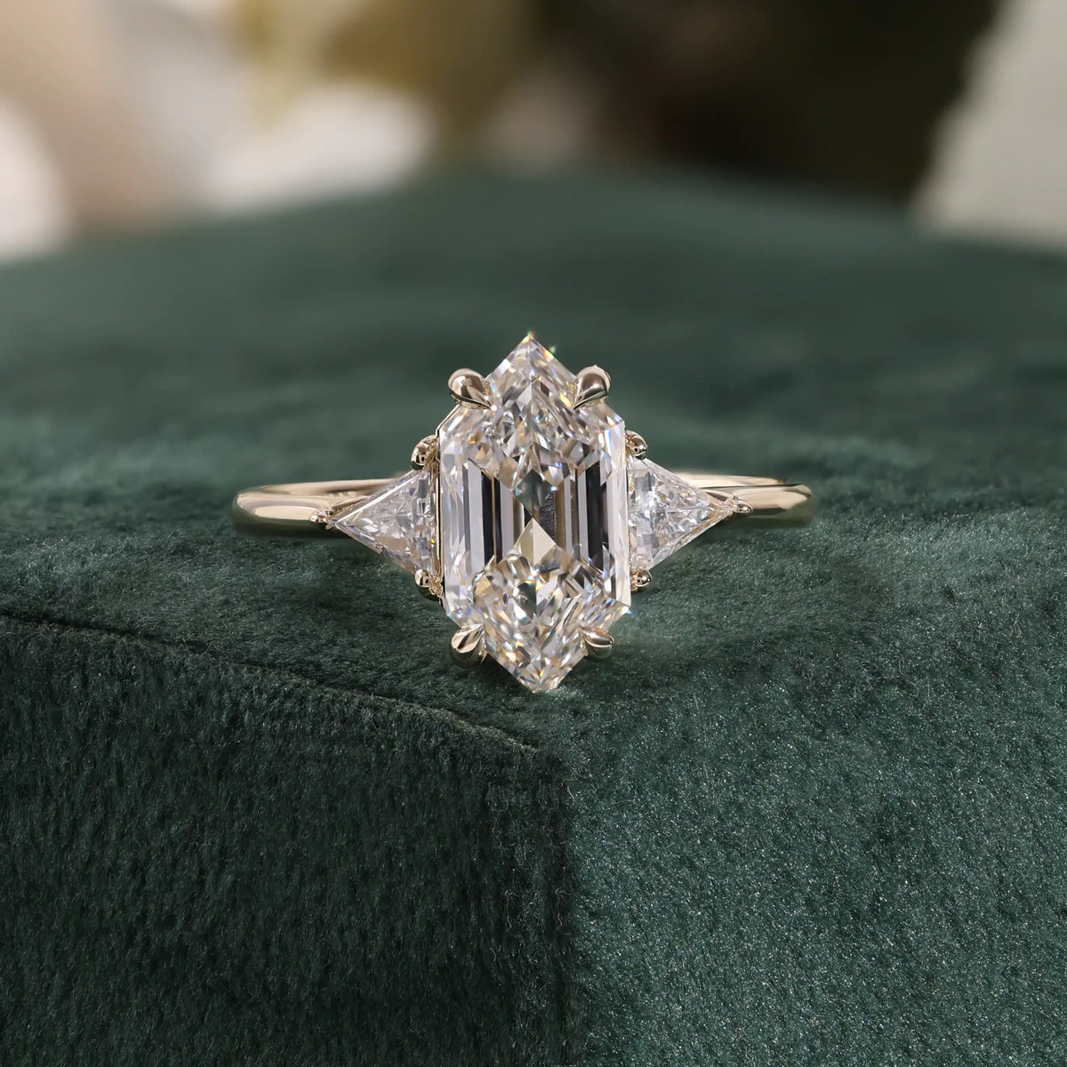 Elongated Hexagon Diamond Ring with Trillion Sides, Polished Ring
