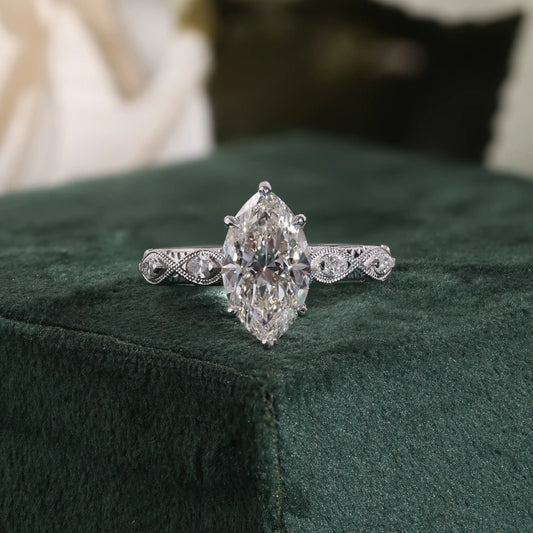 Marquise Lab Grown Diamond Ring, Vintage Milgrain Engraved Diamond Ring