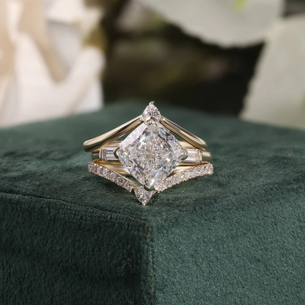 Three Piece Diamond Bridal Set with Kite Set Cushion Diamond