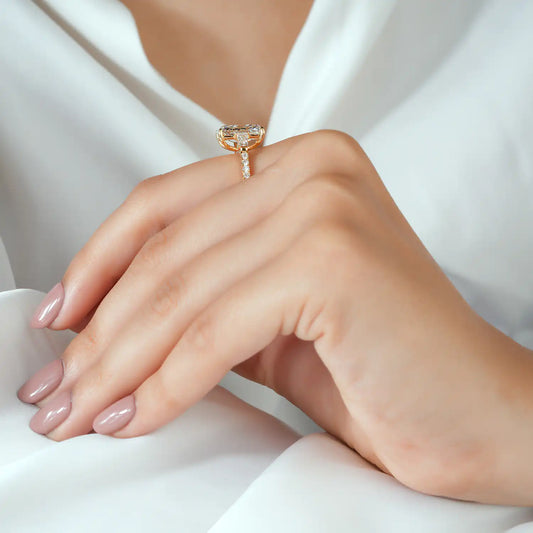 Radiant Cut Lab Grown Diamond Three Stone Engagement Ring with Tapered Baguette and Pave Band