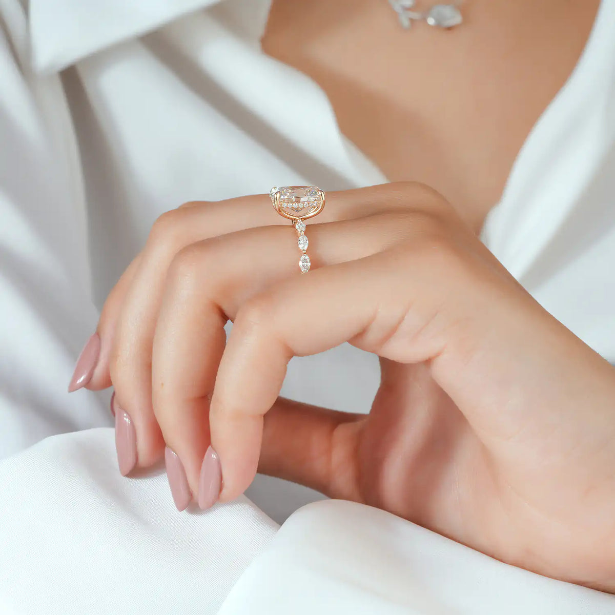Marquise Side Stone Oval Lab Grown Diamond Engagement Ring with Hidden Halo