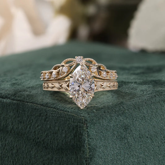 Marquise Diamond Bridal Set with Filigree and Engraved Ring