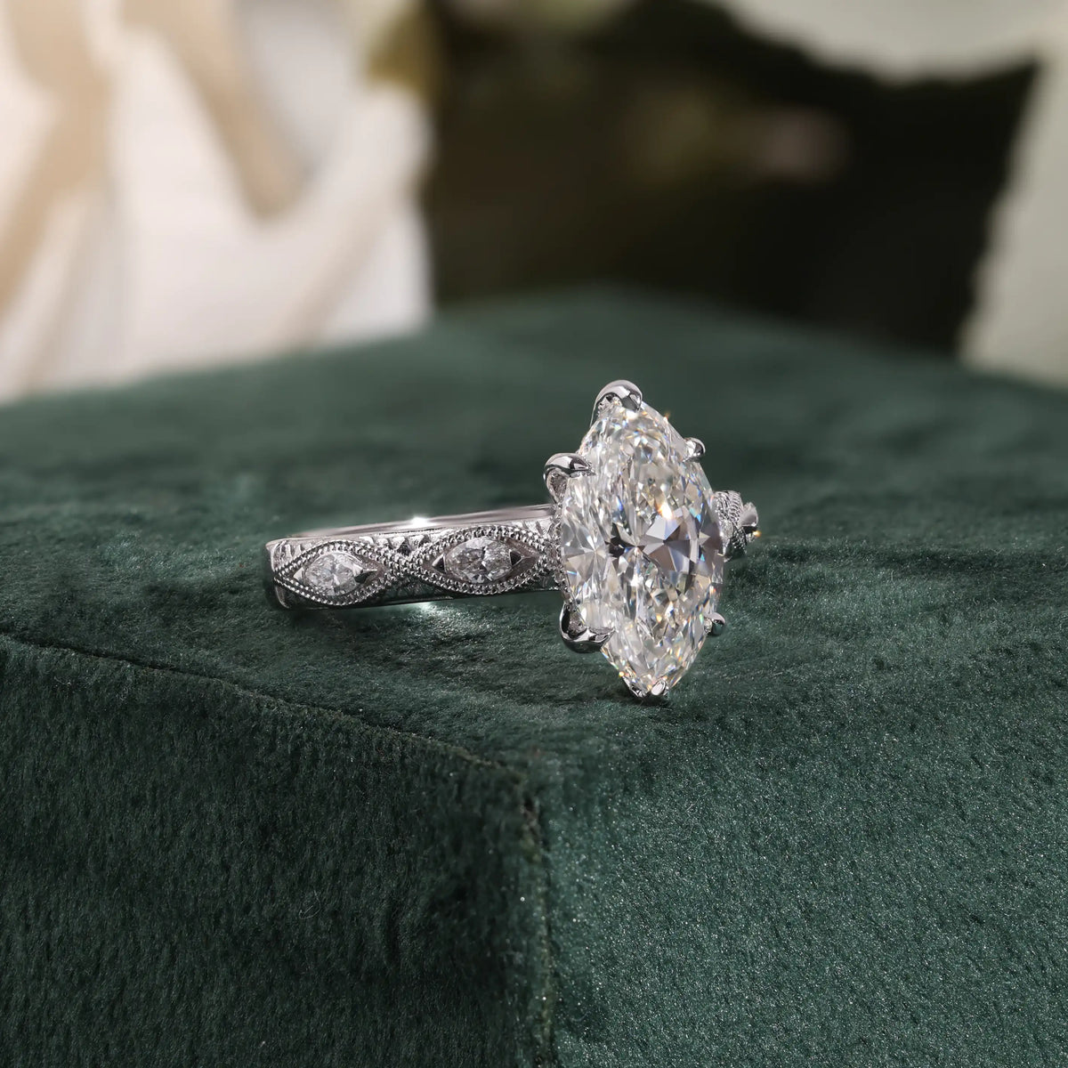 Marquise Lab Grown Diamond Ring, Vintage Milgrain Engraved Diamond Ring