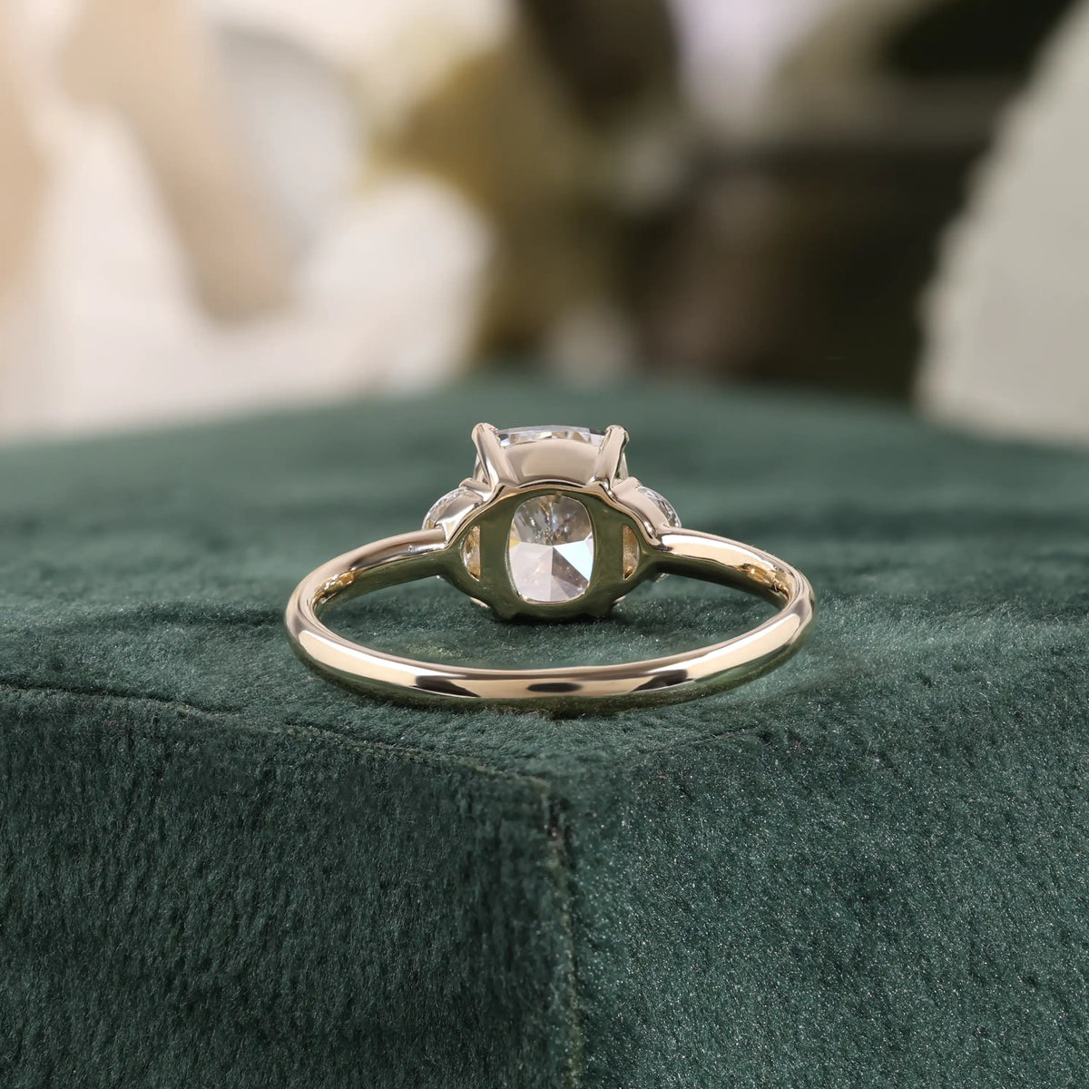Elongated Cushion Lab Grown Diamond Ring, Half Moon Side Stones, Plain Ring