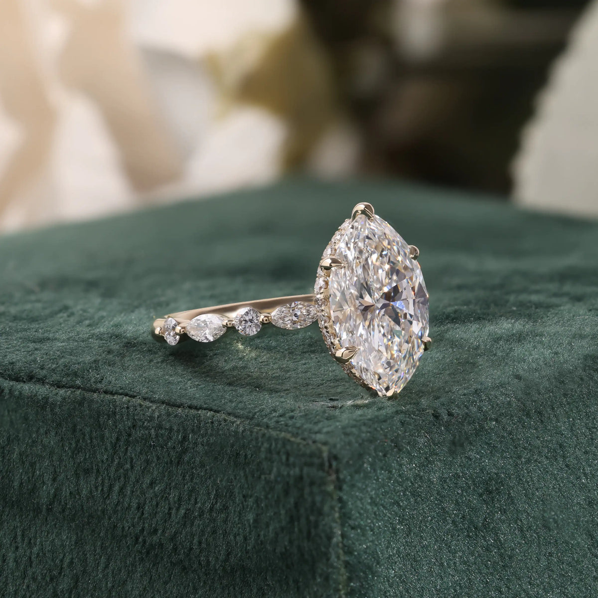Marquise Diamond Ring with Hidden Halo and Scattered Diamond Ring