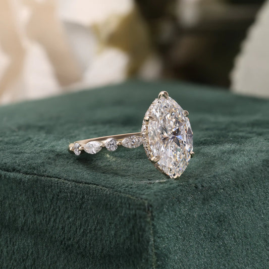 Marquise Diamond Ring with Hidden Halo and Scattered Diamond Ring