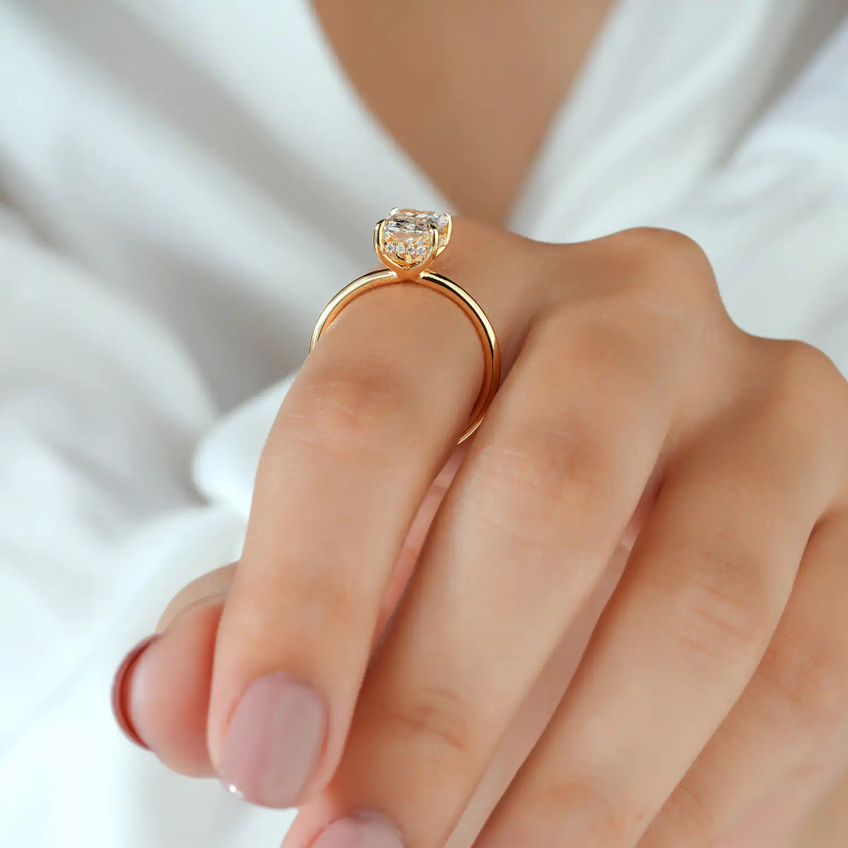 Radiant Lab Grown Diamond Hidden Halo Engagement Ring, Slim Ring