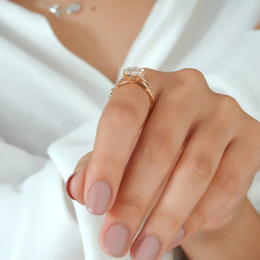 Hexagon Cut Lab Grown Diamond Vine and Leaf Nature Inspired Engagement Ring