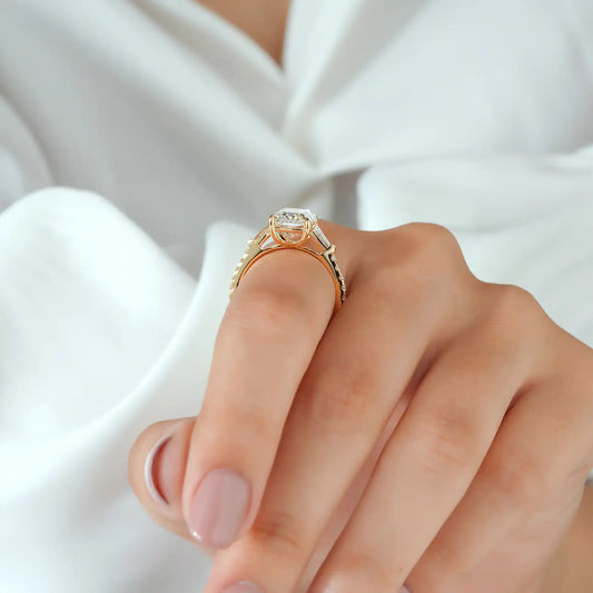 Radiant Cut Lab Grown Diamond Three Stone Engagement Ring with Tapered Baguette and Pave Band