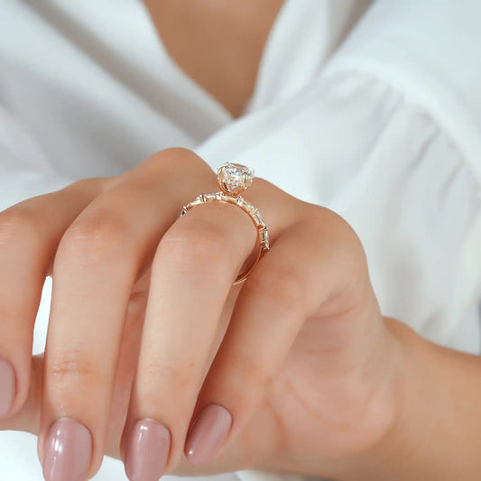 Marquise Side Stone Oval Lab Grown Diamond Engagement Ring with Hidden Halo