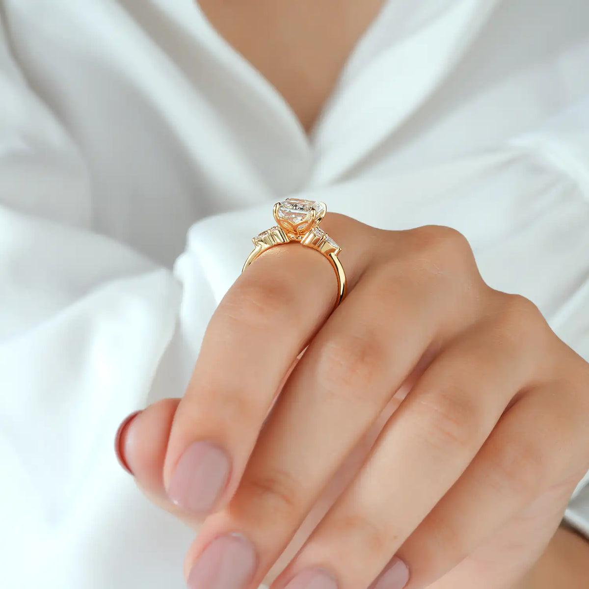 Radiant Cut Lab Grown Diamond Engagement Ring with Pear and Round Diamond Clusters
