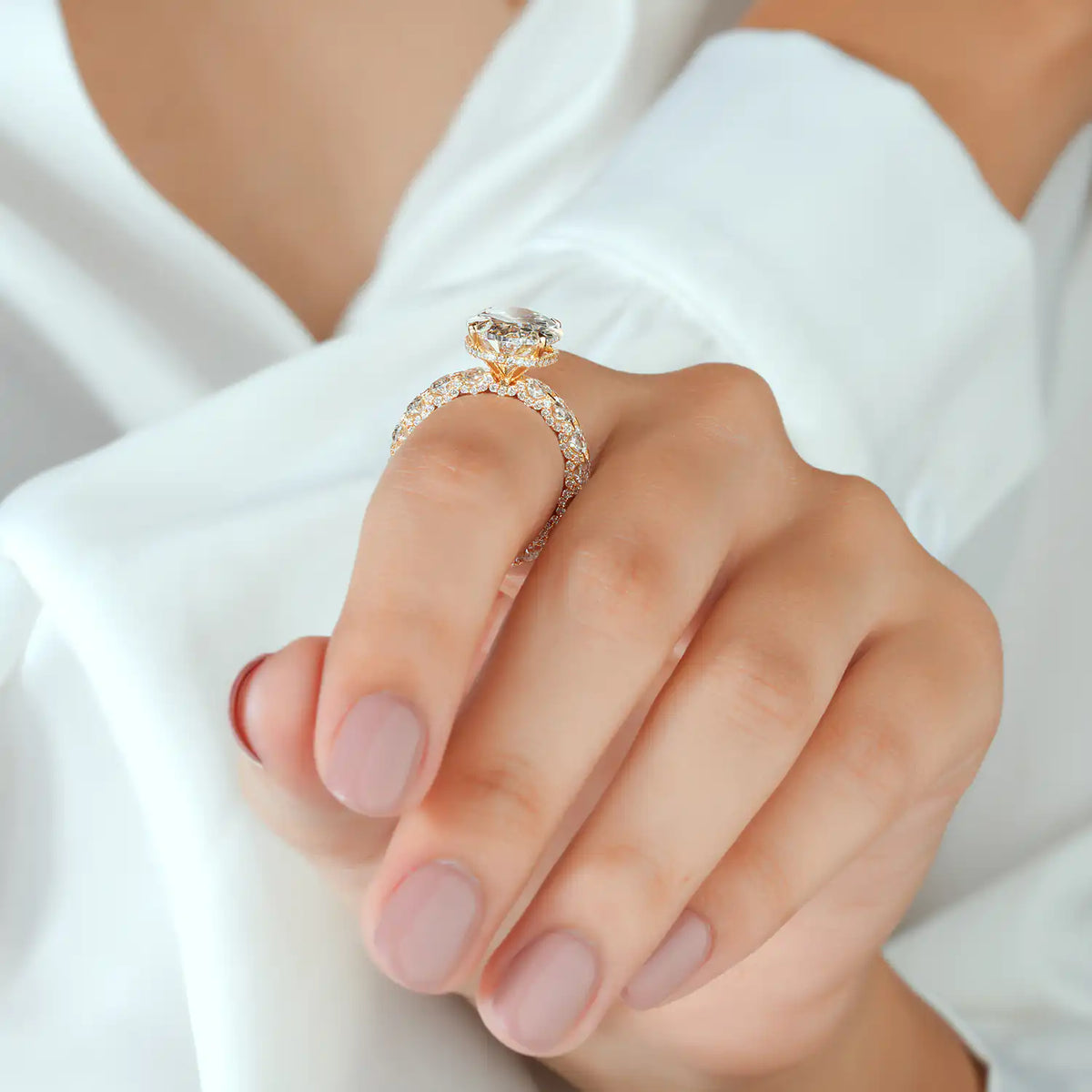 Oval Diamond Ring with Oval Halo Eternity Band