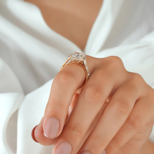 Radiant Cut Lab Grown Diamond Halo Engagement Ring with Wide Diamond Band