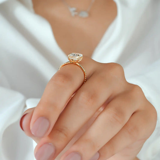 Twisted Pavé Radiant Cut Lab Grown Diamond Hidden Halo Engagement Ring