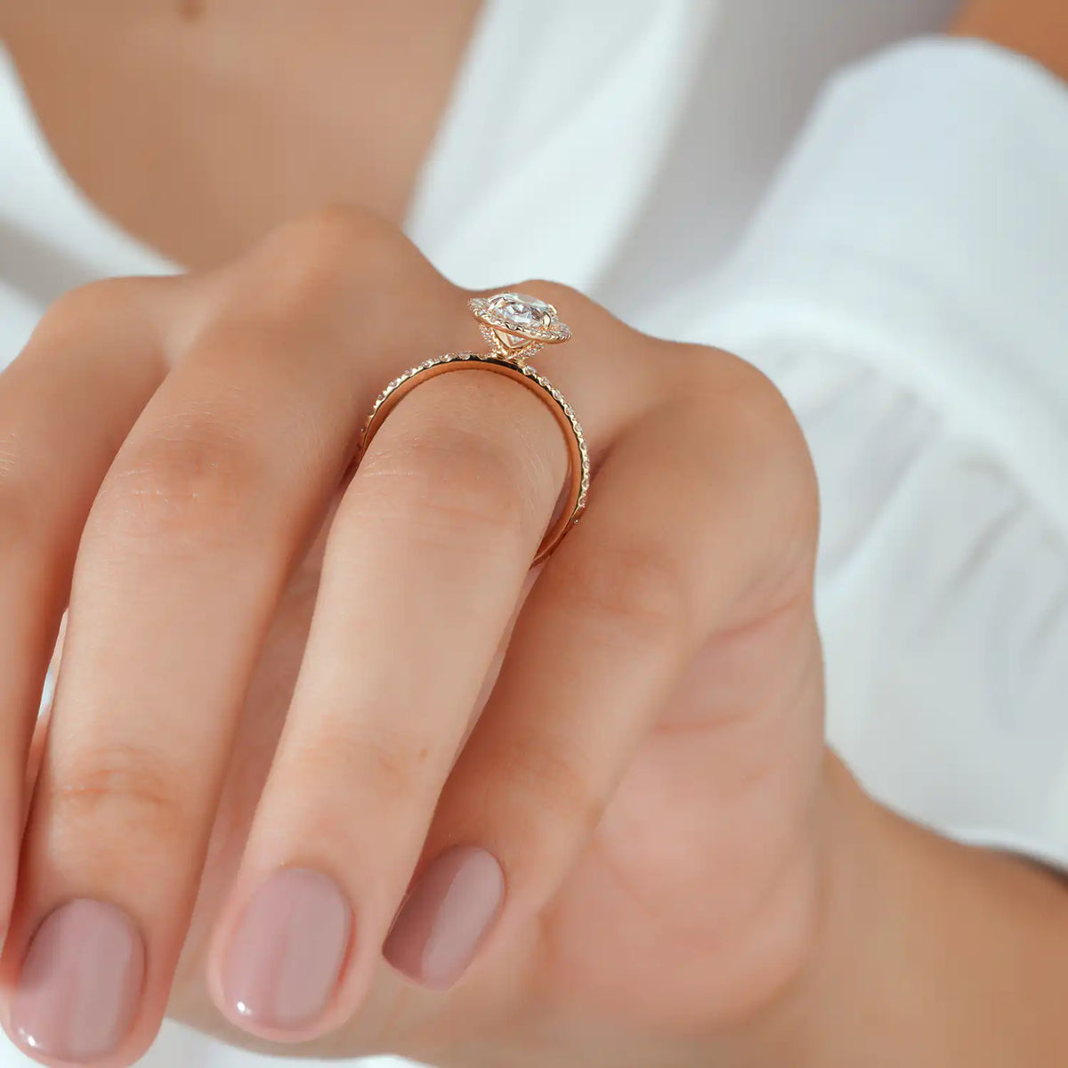 Oval Halo Diamond Engagement Ring with Pave Band