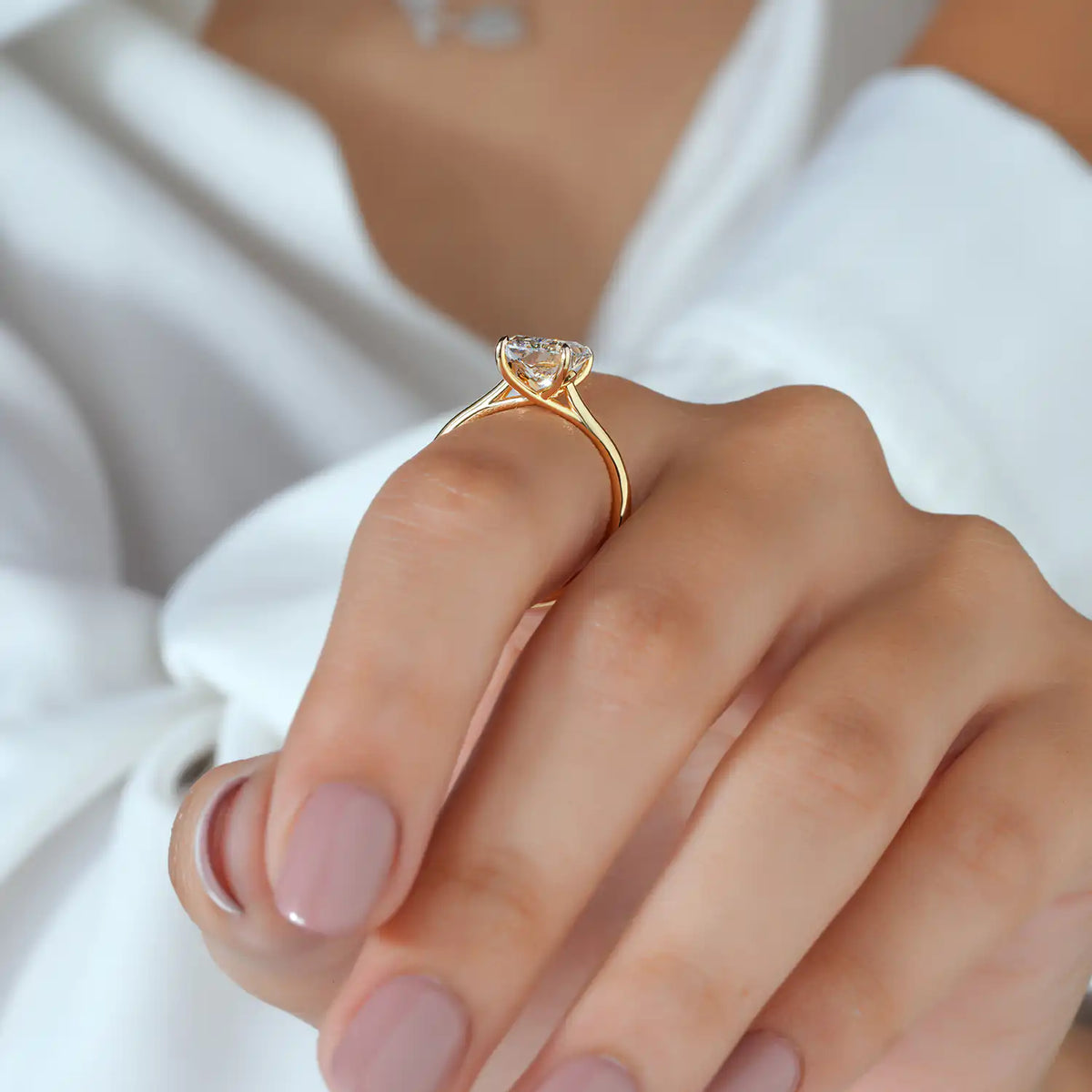 Radiant Cut Solitaire Lab Grown Diamond Engagement Ring with Crossover Gallery in Yellow Gold