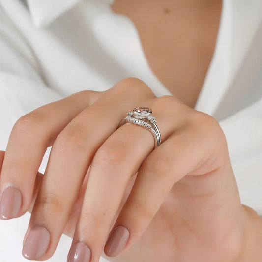 Fancy Pink Oval Diamond Ring Set with Diamond Crown Accent