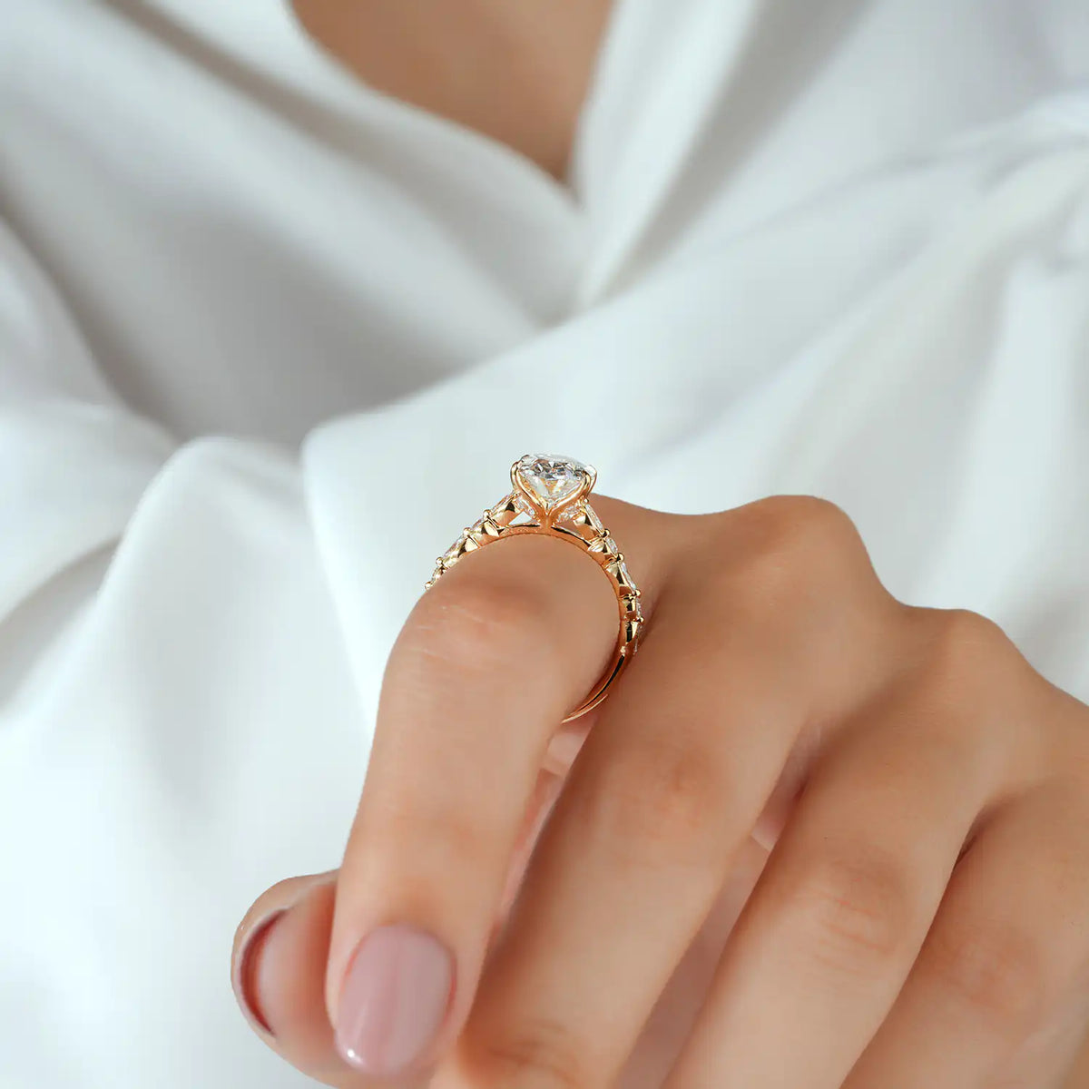 Oval Lab Grown Diamond Engagement Ring, Marquise Round Diamond Band