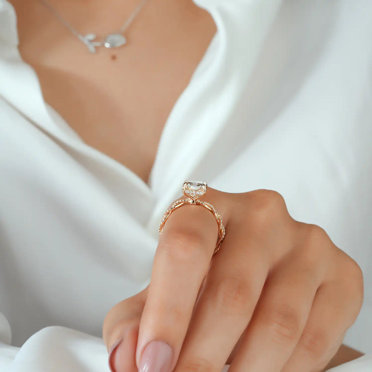 Twisted Pave Radiant Cut Lab Grown Diamond Hidden Halo Engagement Ring