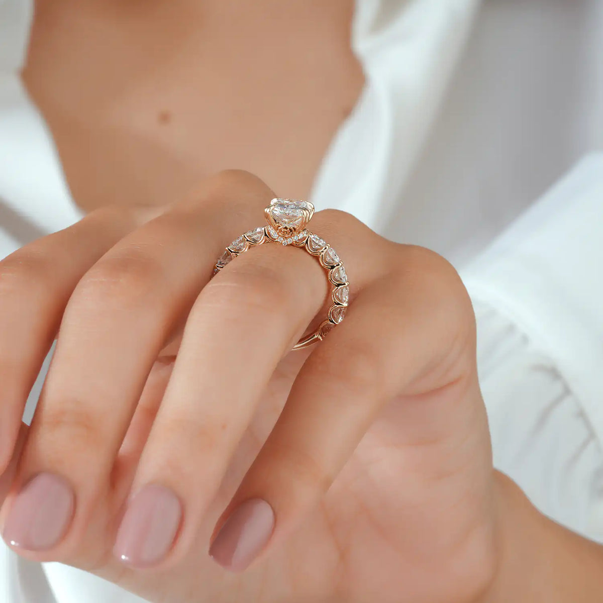 Radiant Cut Lab Grown Diamond Engagement Ring with Hidden Rose and Round Diamond Band