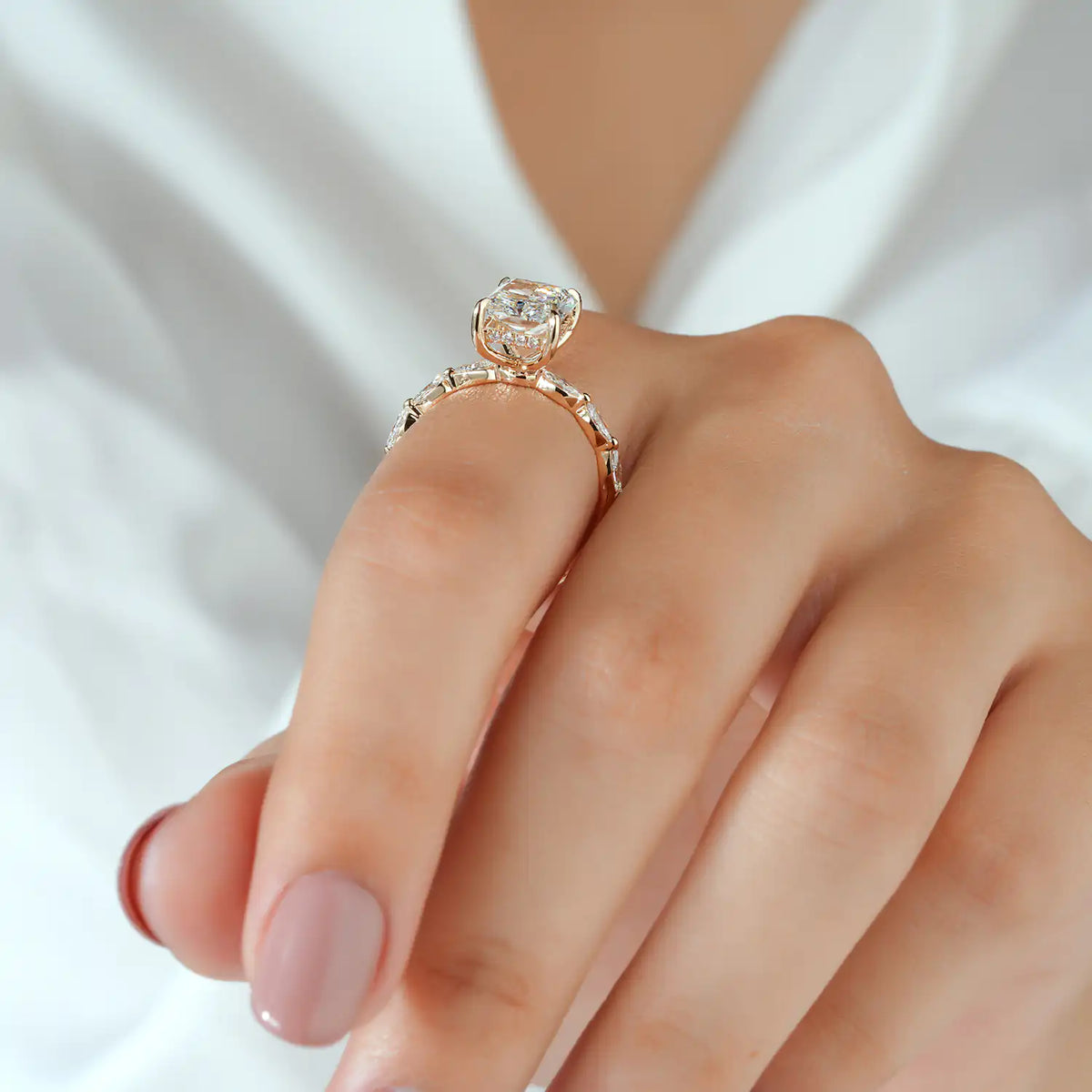 Radiant Cut Lab Grown Diamond Engagement Ring with Marquise and Round Accents