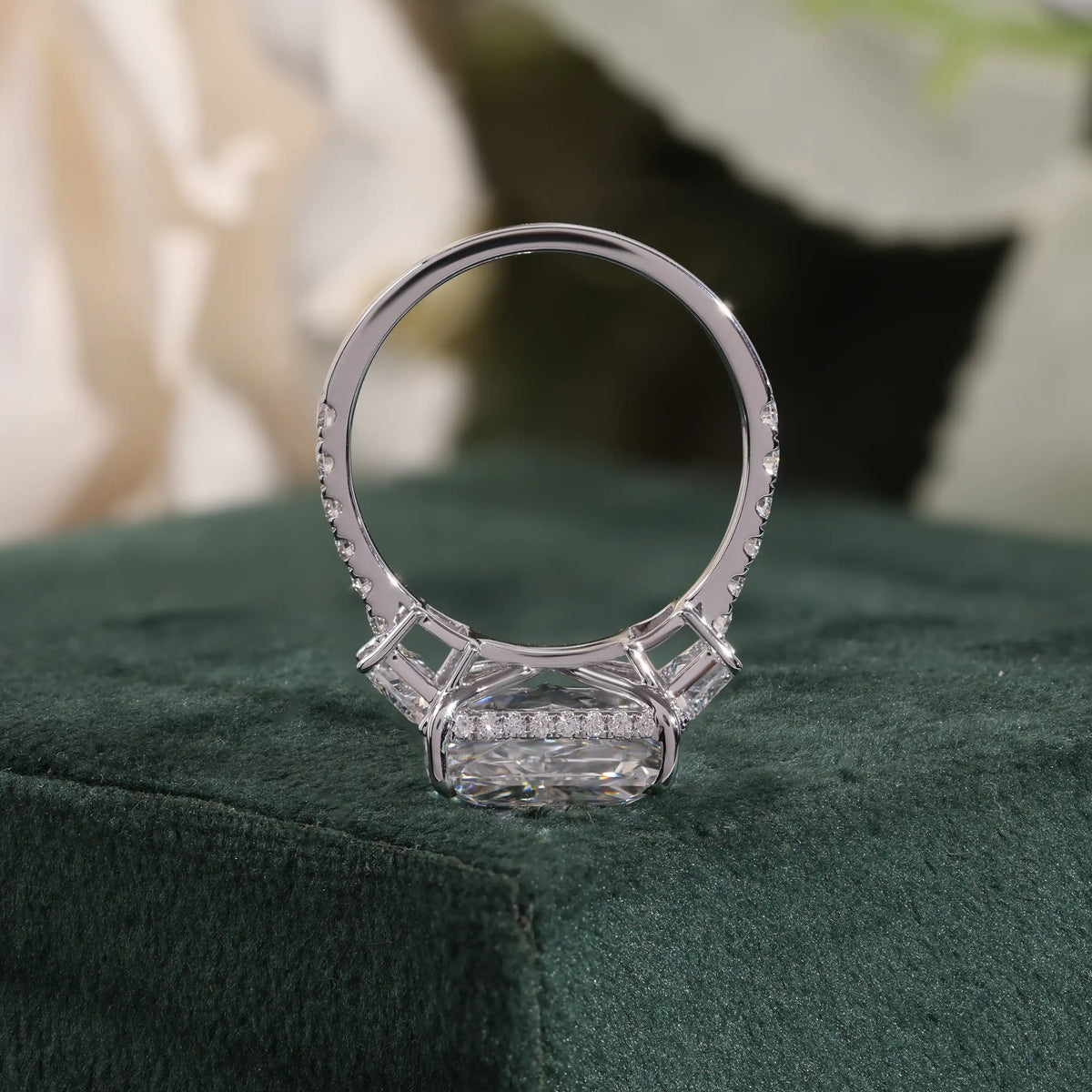 Radiant Cut Lab Grown Diamond Ring with Trapezoid Side Stones and Pave Shank