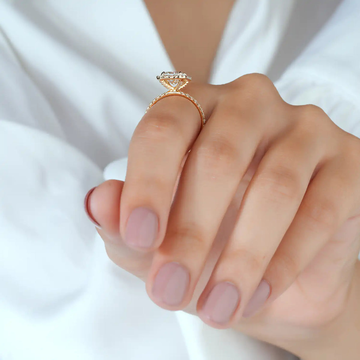 Radiant Lab Grown Diamond Halo Engagement Ring, Pave Diamond Ring