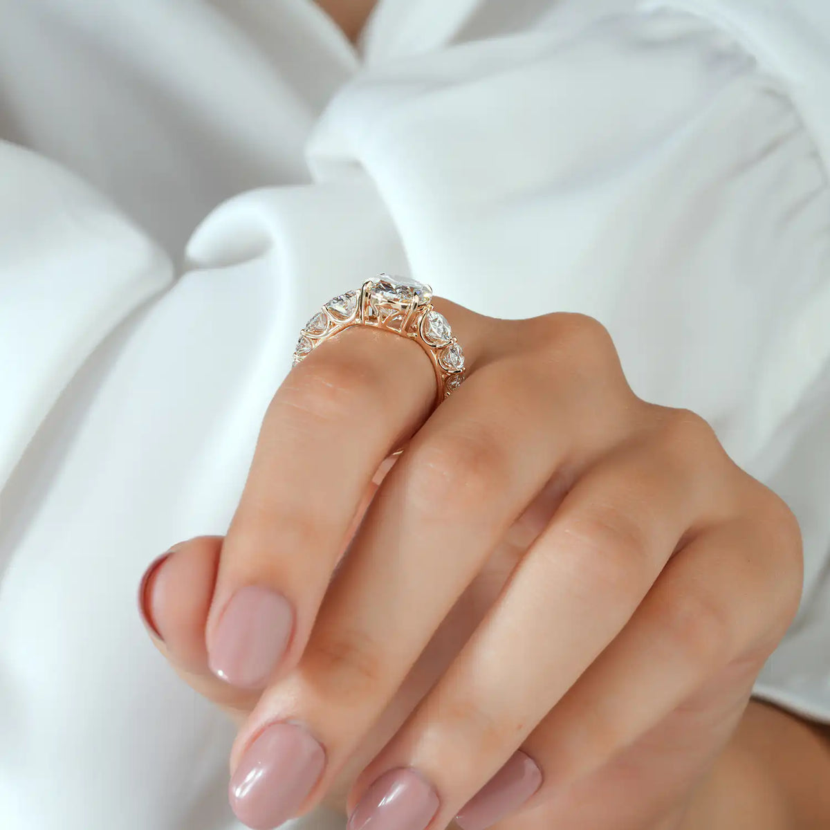 Oval Lab Grown Diamond Engagement Ring, Graduated Oval Diamond Band