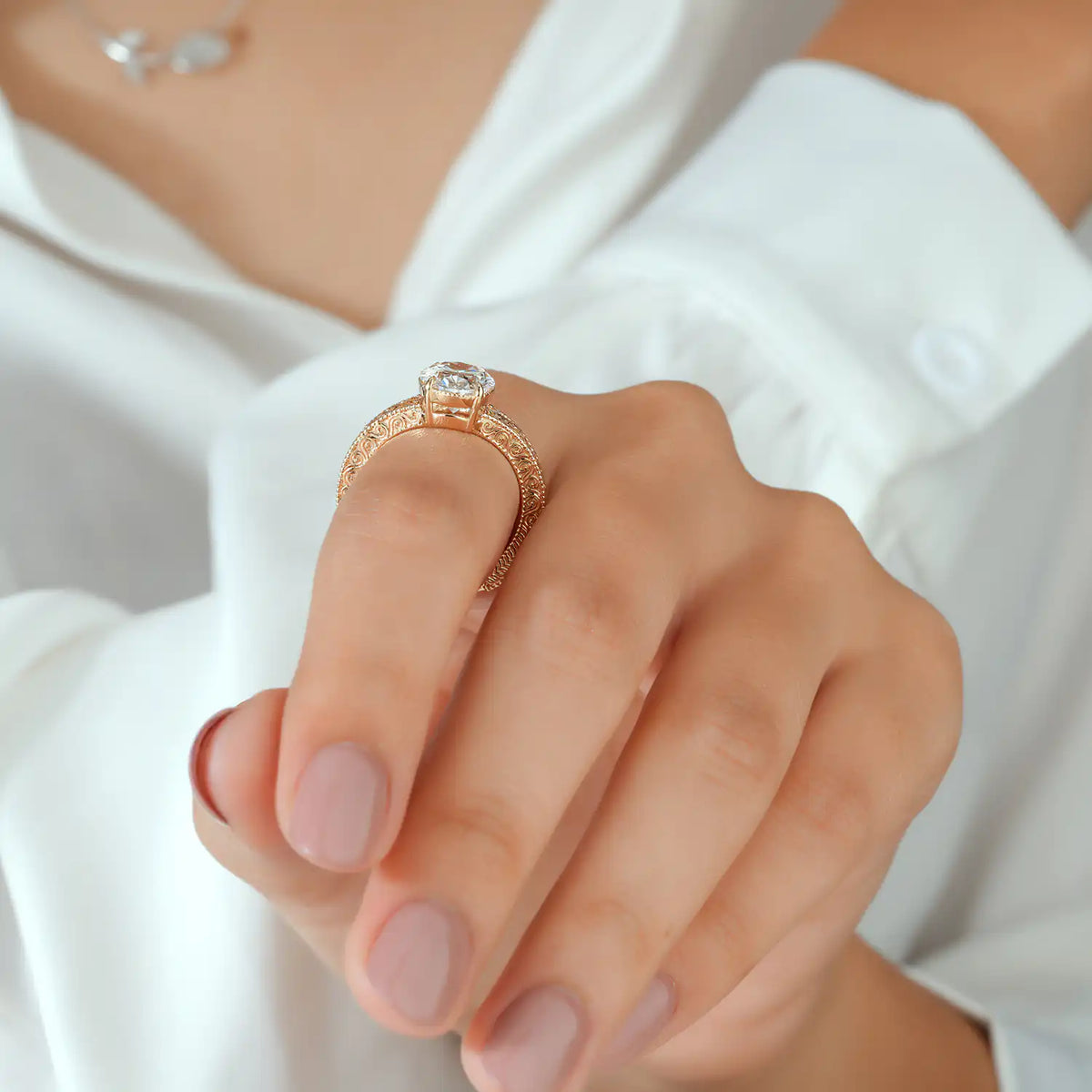 Vintage Scroll Engraved Oval Lab Grown Diamond Engagement Ring