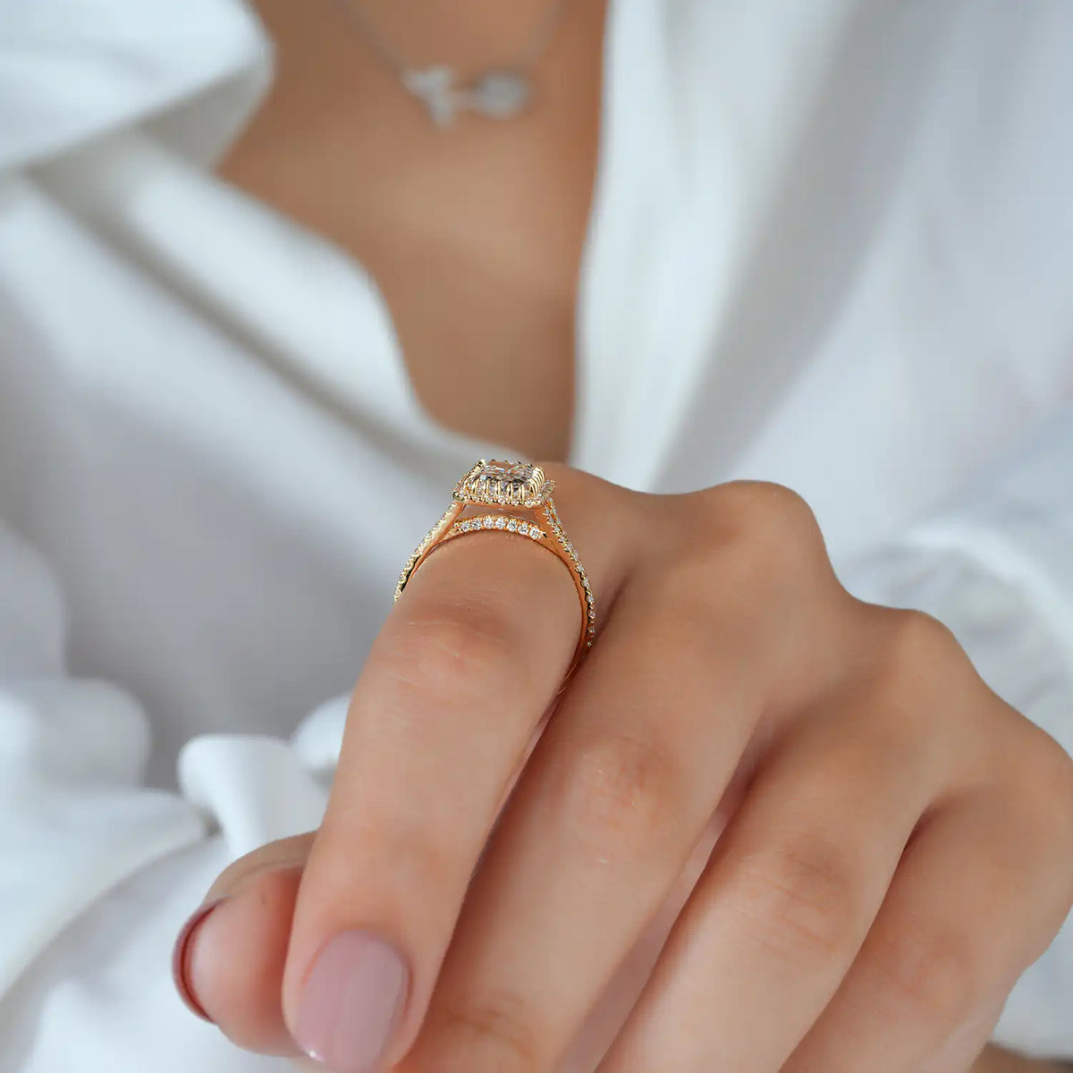 Radiant Cut Lab Grown Diamond Halo Engagement Ring with Pave Split Shank