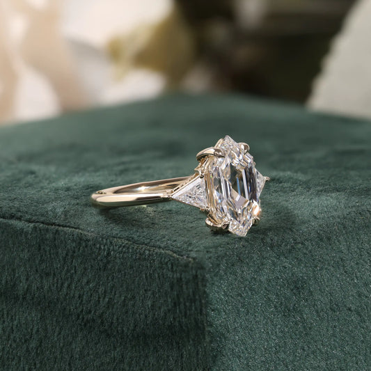 Elongated Hexagon Diamond Ring with Trillion Sides, Polished Ring