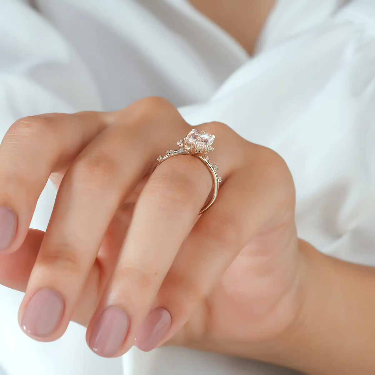 Pink Radiant Cut Twig Ring with Scattered Accents