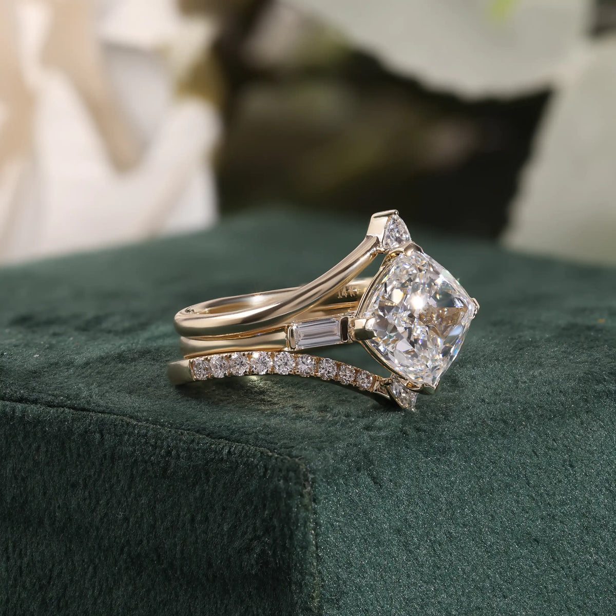 Three Piece Diamond Bridal Set with Kite Set Cushion Diamond