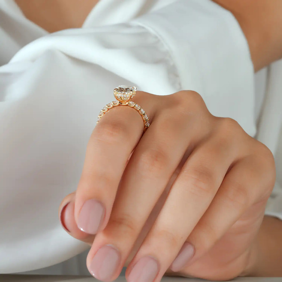 Oval Cut Diamond Ring with Hidden Halo and Full Diamond Band