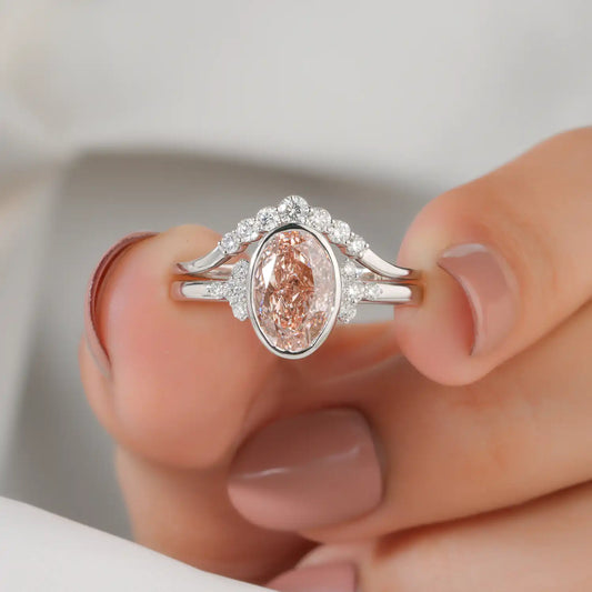Fancy Pink Oval Diamond Ring Set with Diamond Crown Accent