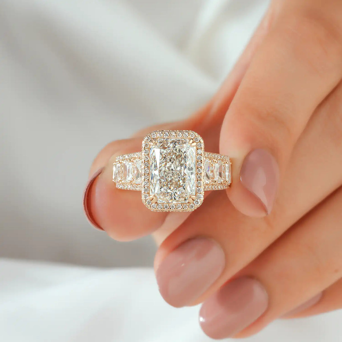 Radiant Cut Lab Grown Diamond Halo Engagement Ring with Wide Diamond Band