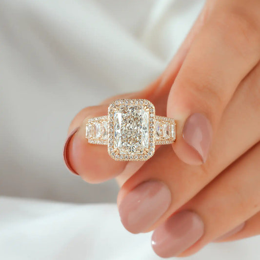 Radiant Cut Lab Grown Diamond Halo Engagement Ring with Wide Diamond Band