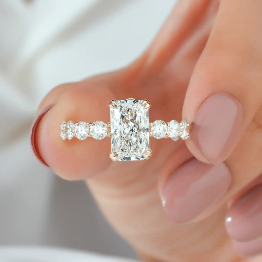 Radiant Cut Lab Grown Diamond Engagement Ring with Hidden Rose and Round Diamond Band