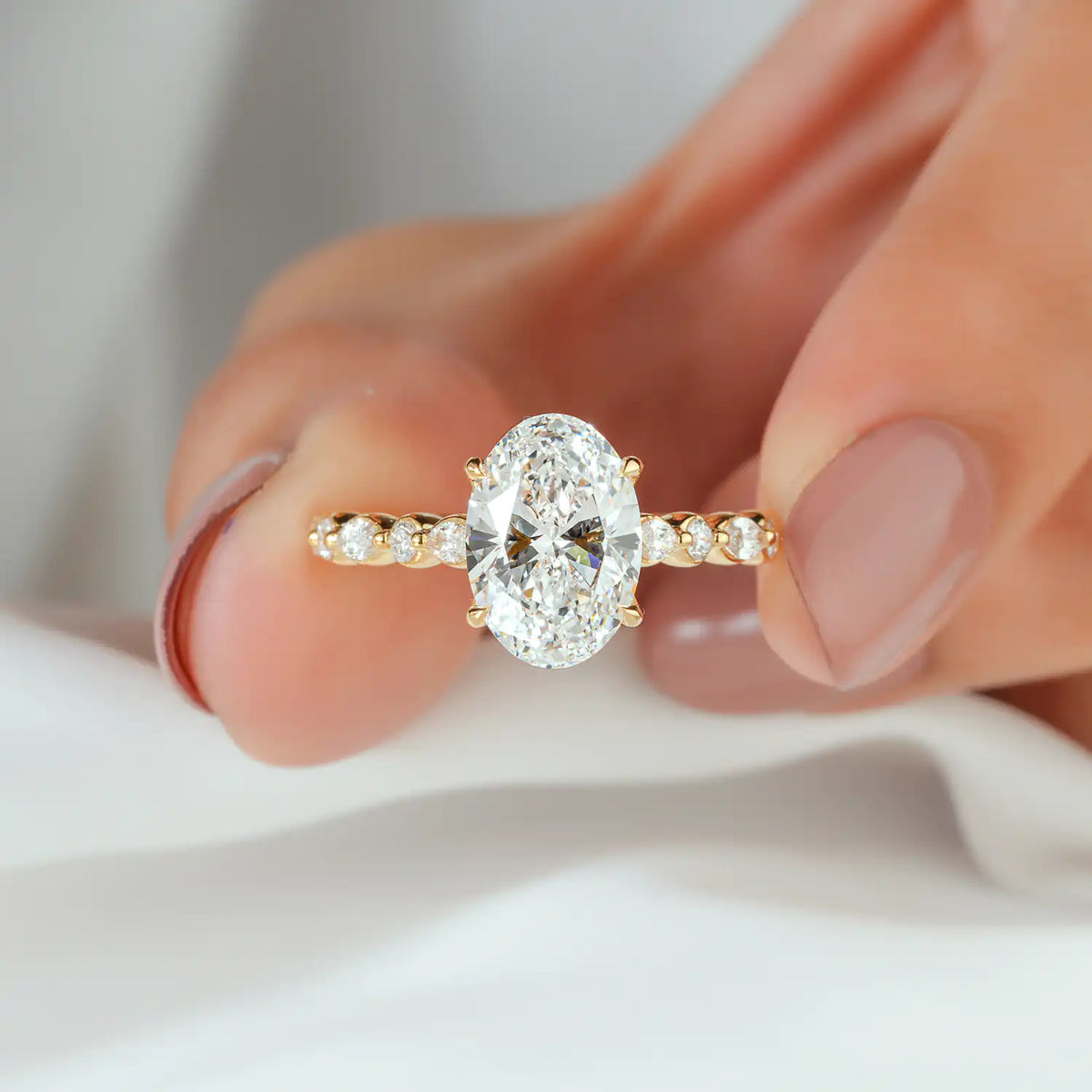 Oval Lab Grown Diamond Engagement Ring, Marquise Round Diamond Band